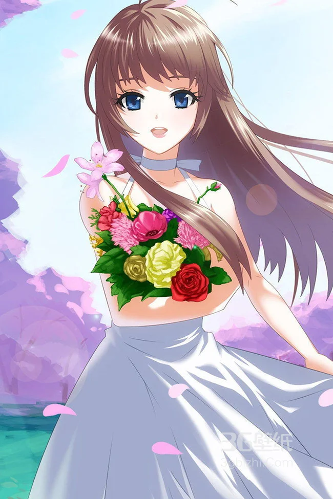 手捧鲜花的动漫女孩手机桌面1