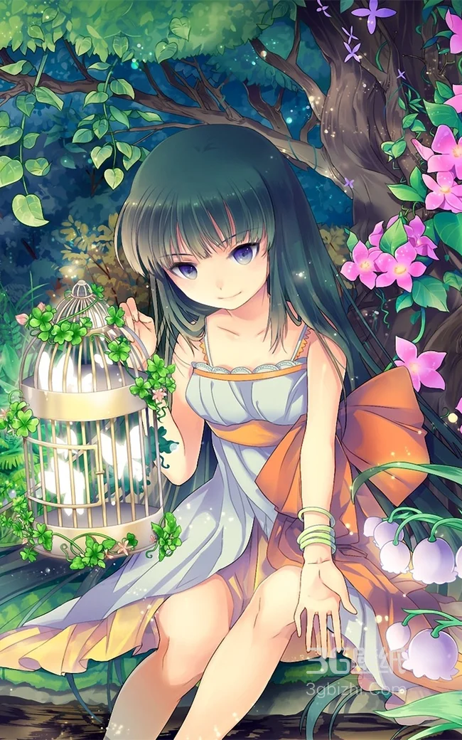 树林里拿着鸟笼的动漫美女手机桌面图片1