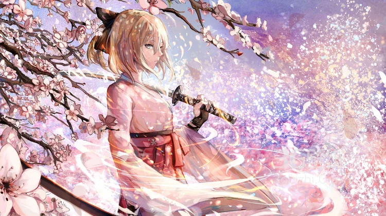 漫天樱花，樱花树下拿着武士刀的动漫武士图片6