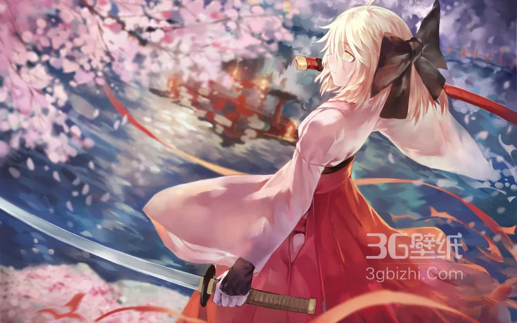 漫天樱花，樱花树下拿着武士刀的动漫武士图片1