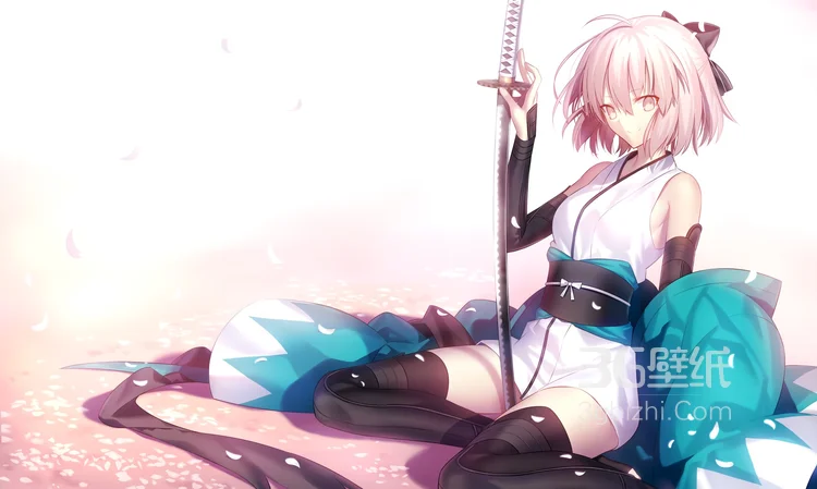 漫天樱花，樱花树下拿着武士刀的动漫武士图片3