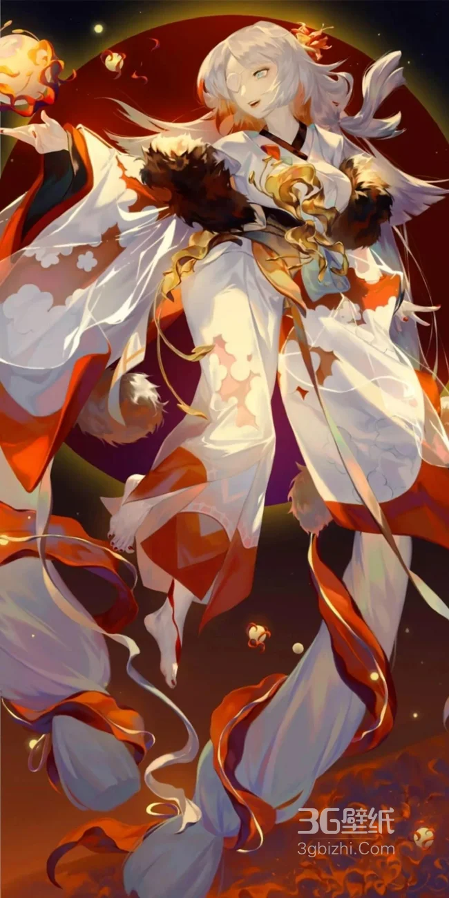 飘在空中控制悬浮珠子的白发动漫美女刘海屏手机壁纸1