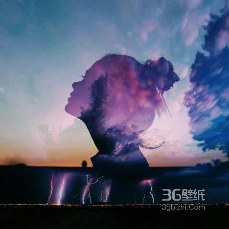 投影下的超大女人头像，融合在大自然的怀抱里，唯美梦幻9