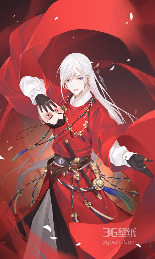 二次元 古风，红衣白发俊逸的动漫帅哥 手拿面具图片1
