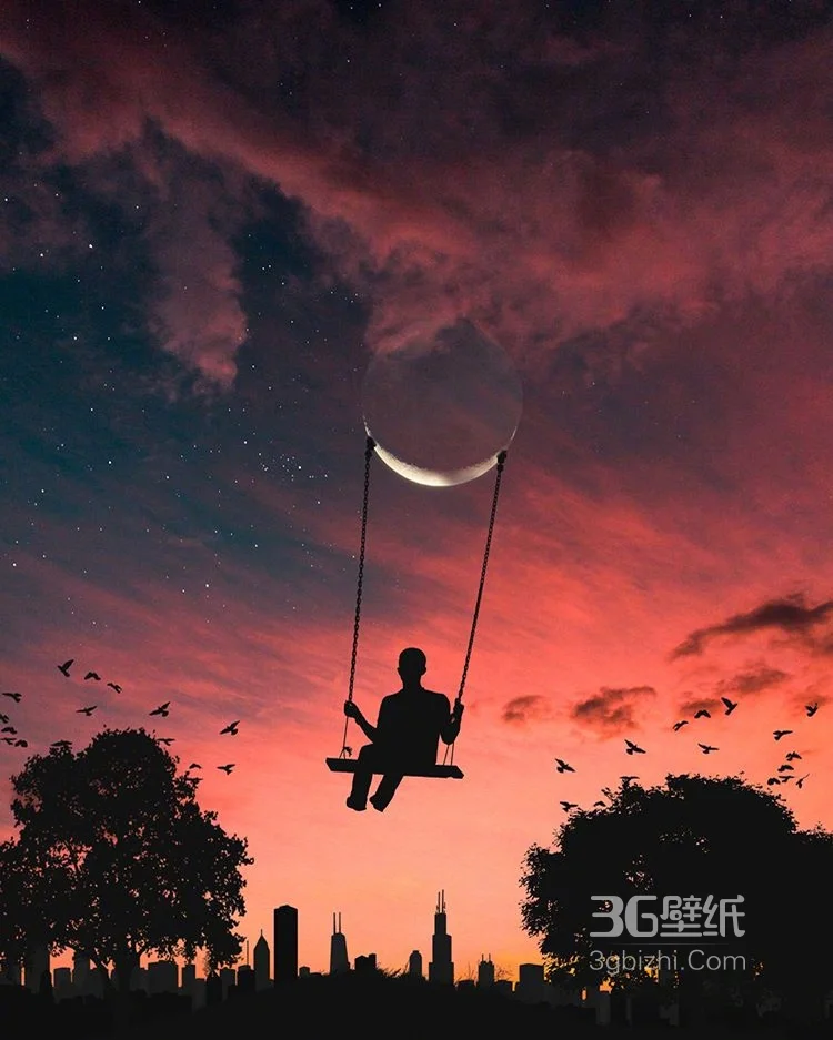 日月交相辉映，夕阳下的人和月牙，月白融合超好看图片4