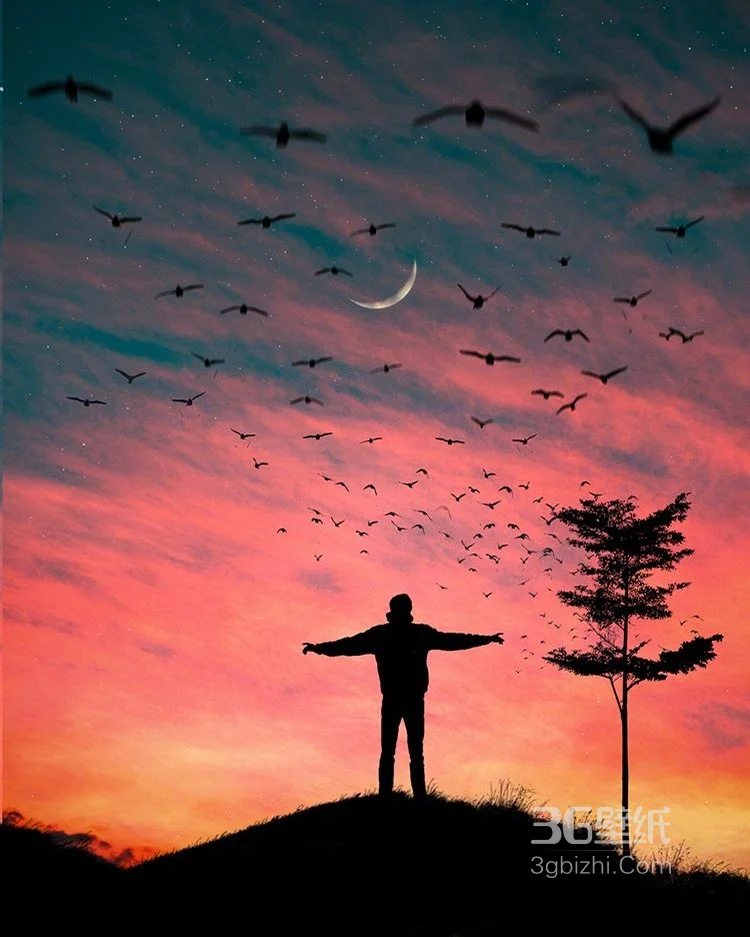 日月交相辉映，夕阳下的人和月牙，月白融合超好看图片7