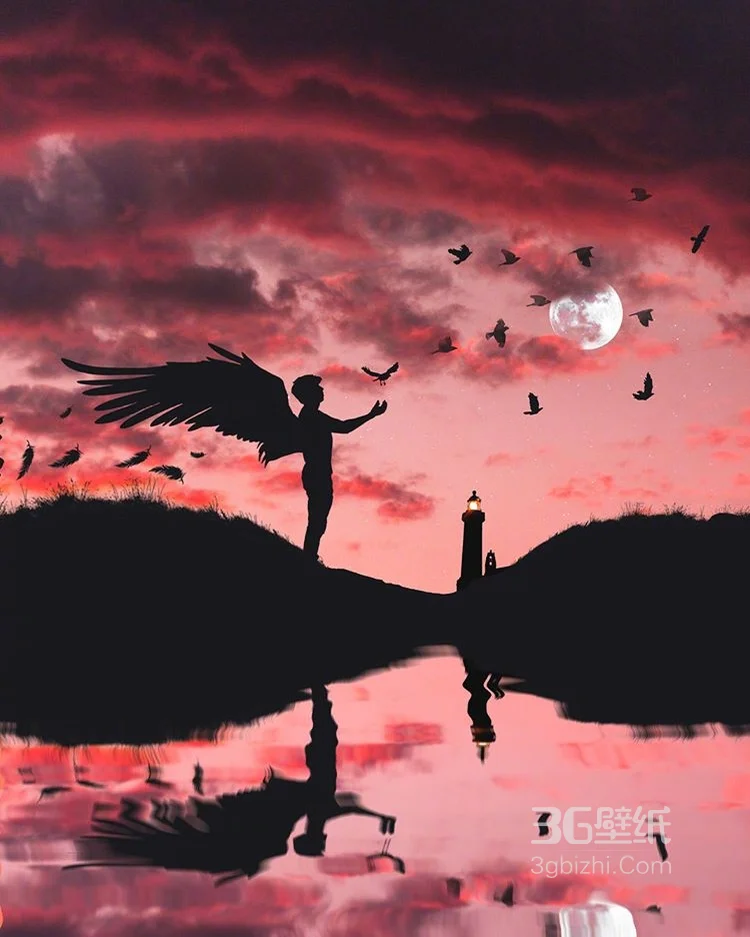 日月交相辉映，夕阳下的人和月牙，月白融合超好看图片8