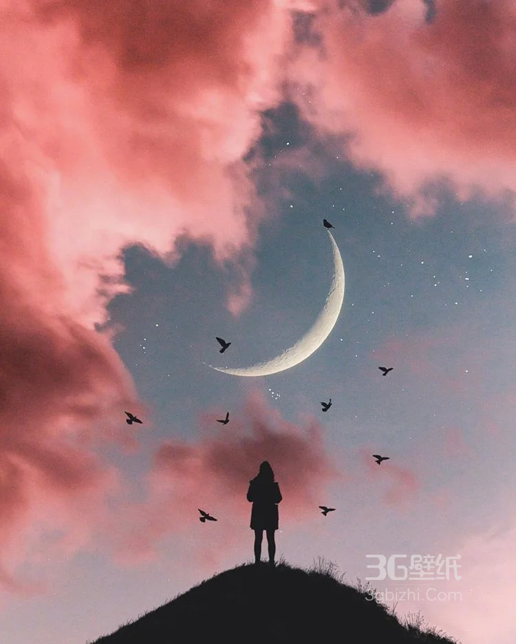 日月交相辉映，夕阳下的人和月牙，月白融合超好看图片9