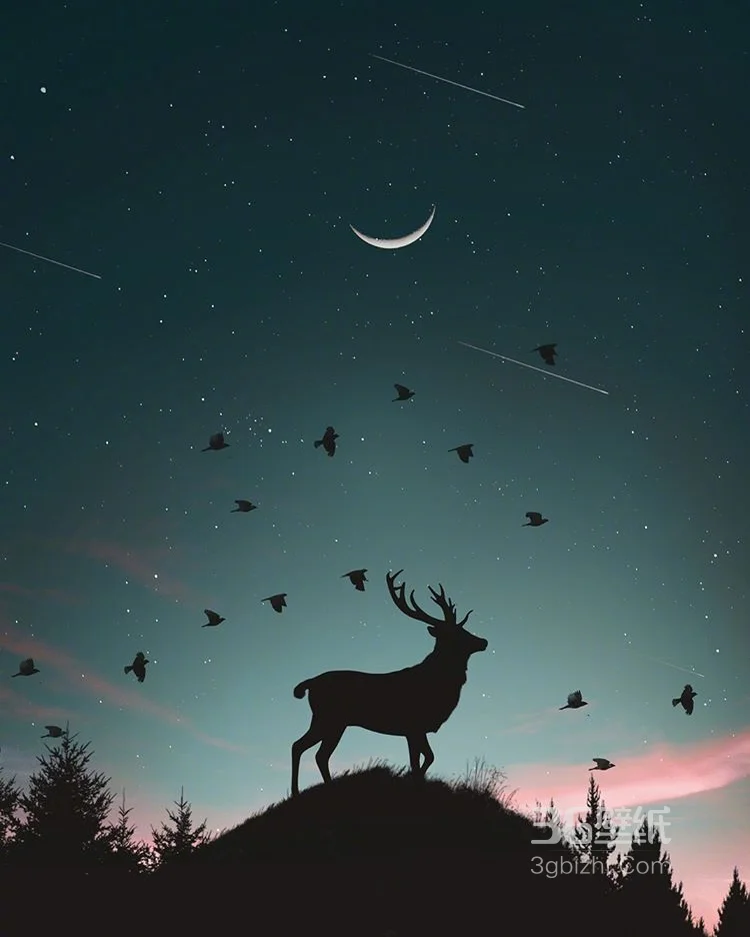 日月交相辉映，夕阳下的人和月牙，月白融合超好看图片3