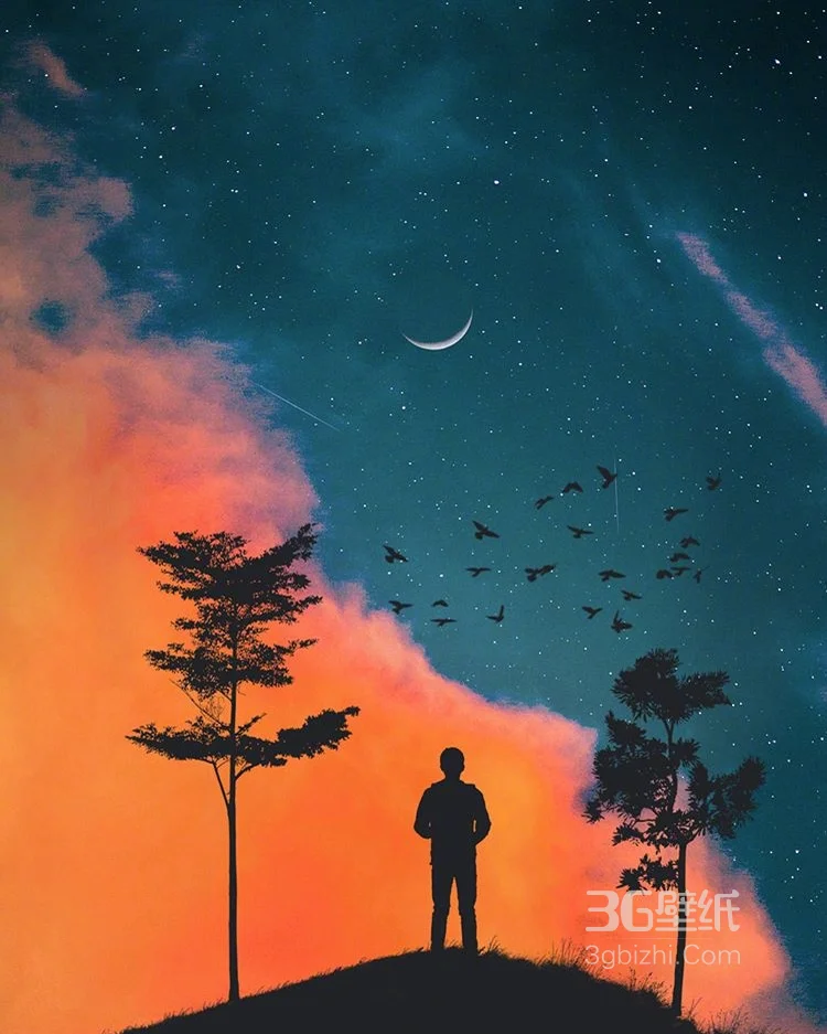 日月交相辉映，夕阳下的人和月牙，月白融合超好看图片2