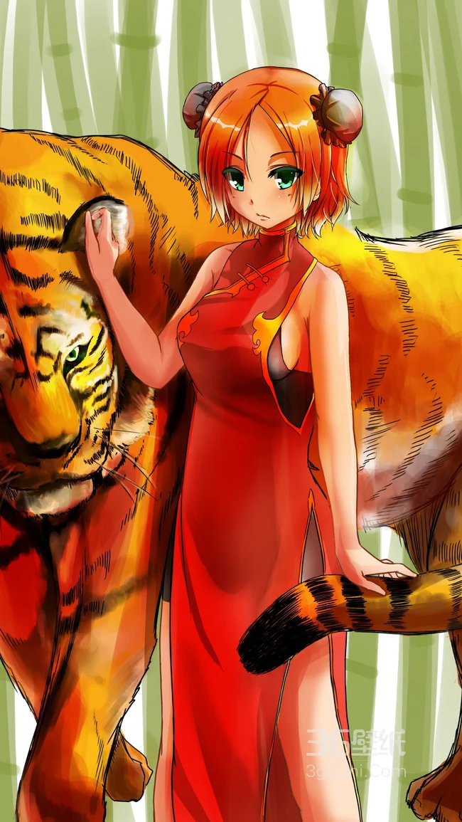 穿旗袍的动漫女孩和老虎的插画手机壁纸1