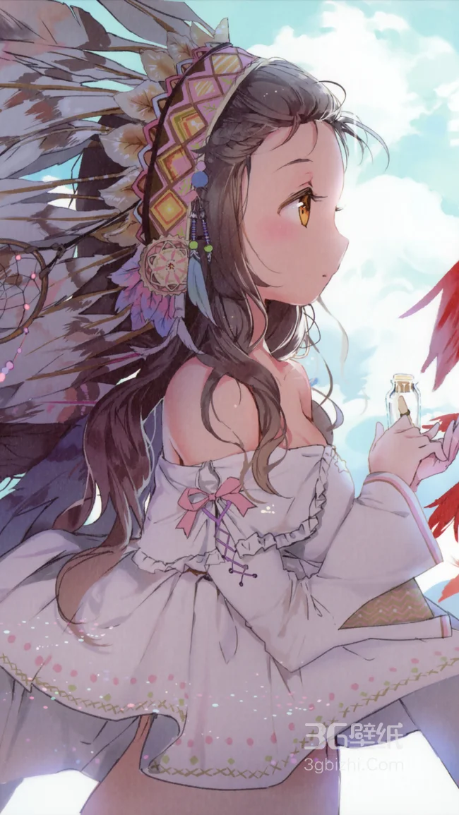 戴着印度安人标志性羽毛头饰的动漫女孩手机壁纸1