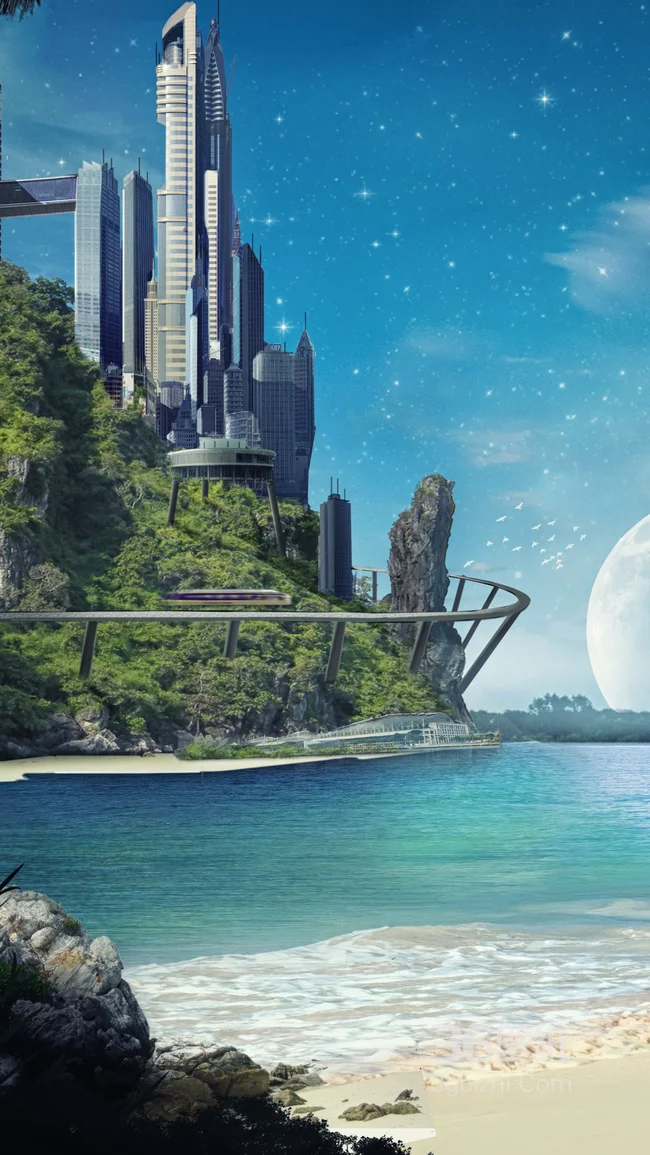 海边的未来科技大楼唯美景色手机壁纸1