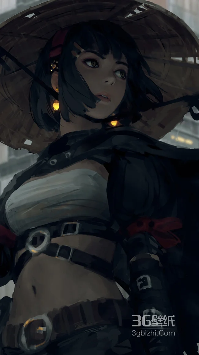 动漫戴斗笠的短发动漫女生插画手机壁纸1