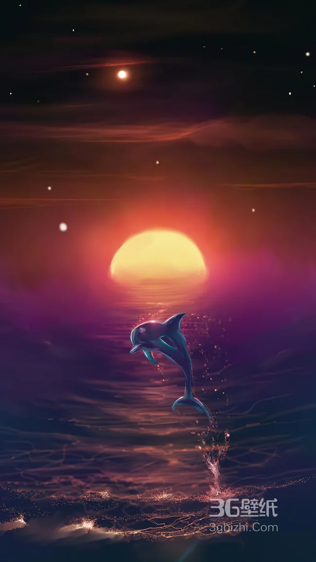 夕阳海面上飞起的海豚唯美手机壁纸1