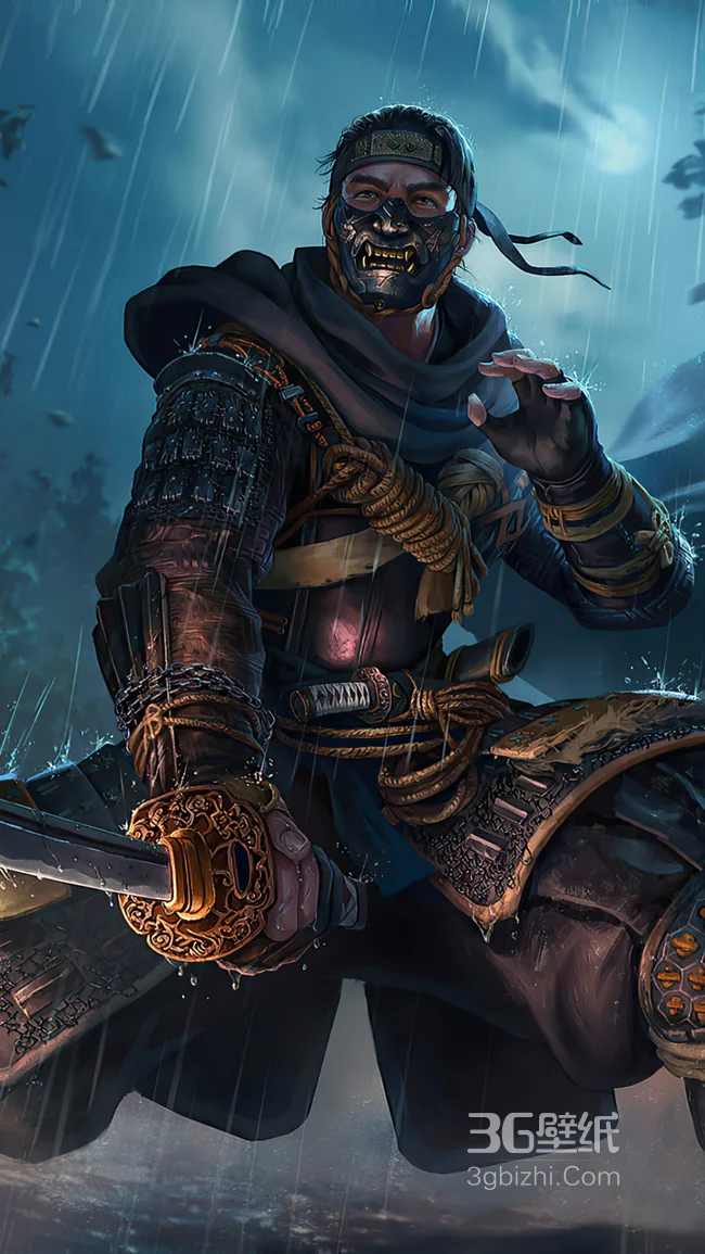 日本武士风格盔甲，戴口罩的武士的手机壁纸1