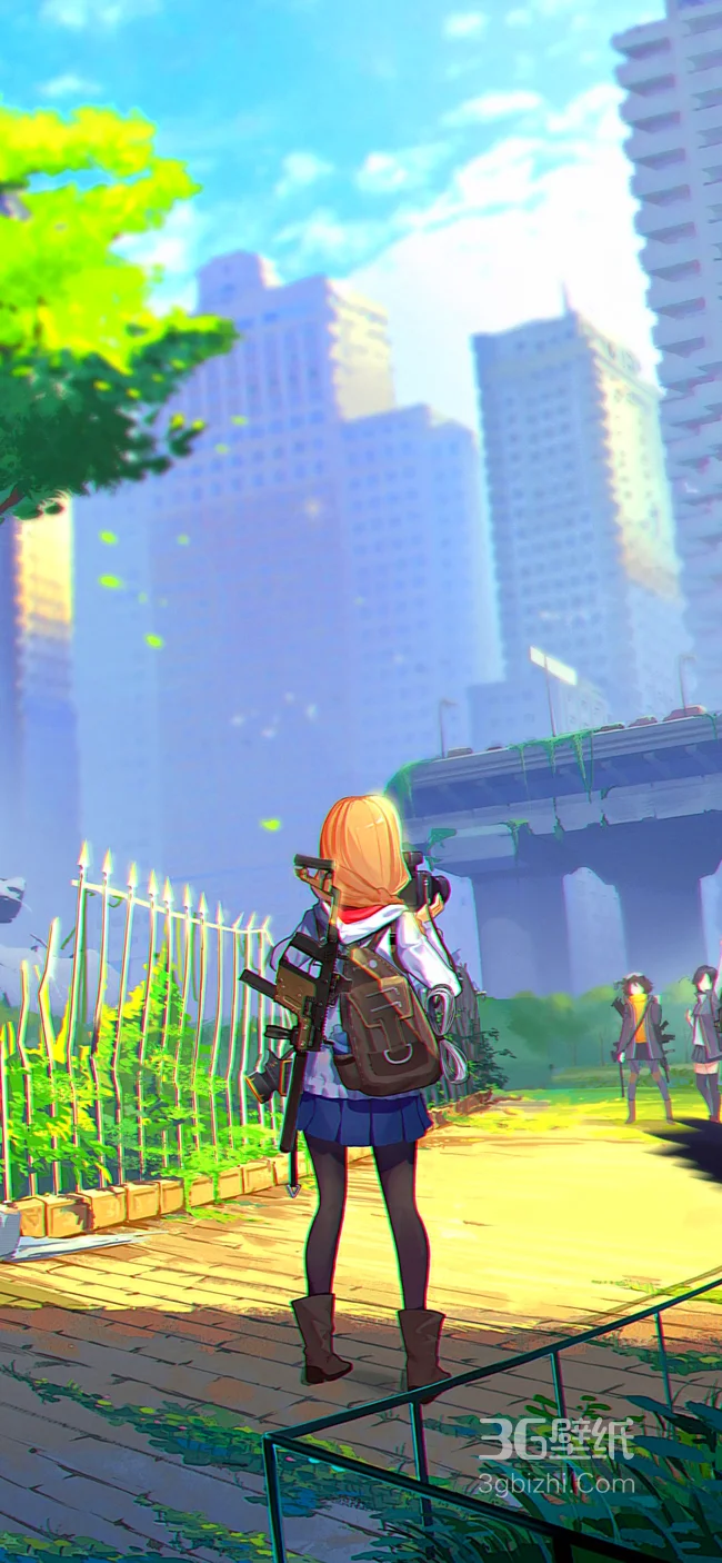 站在城市公园路上背着枪的动漫女孩1