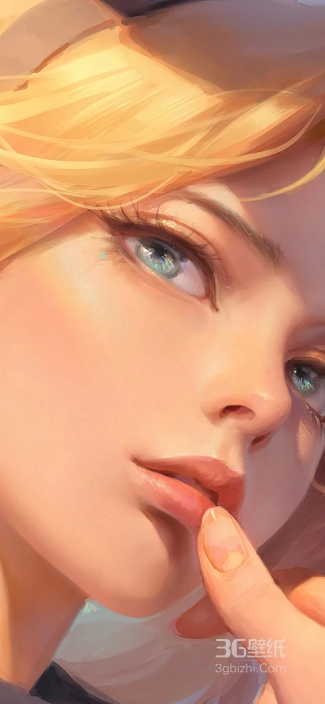 酷酷的手摸嘴唇的黄发少女手绘壁纸图片1