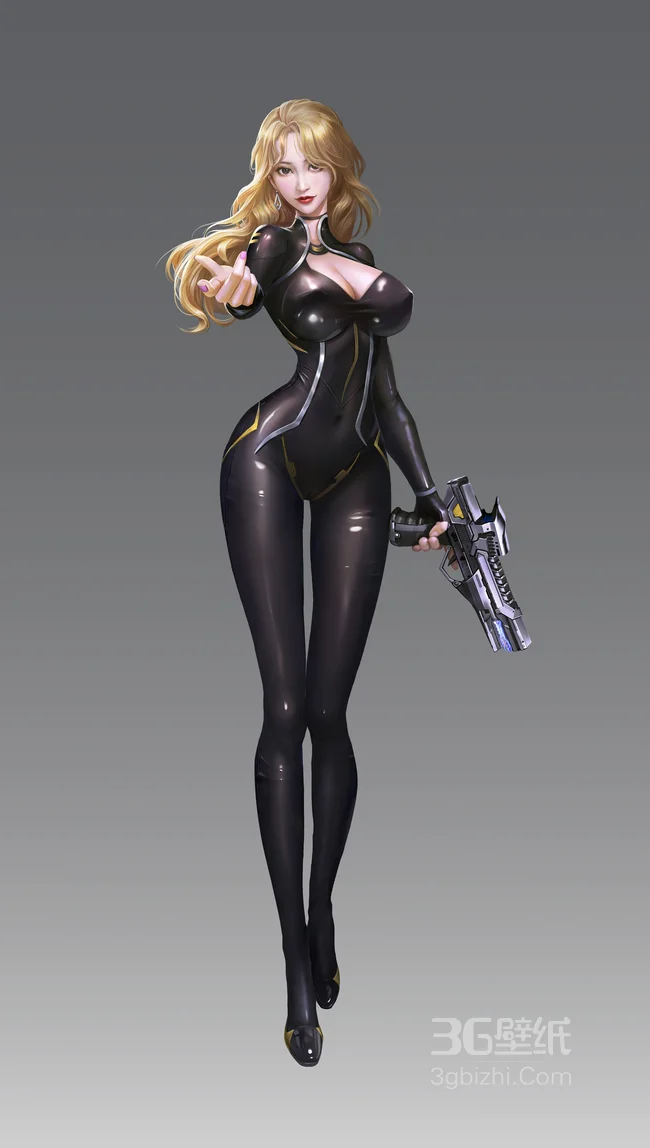 手持手枪、身材丰满穿紧身皮质连体战斗衣的动漫美女手机壁纸1