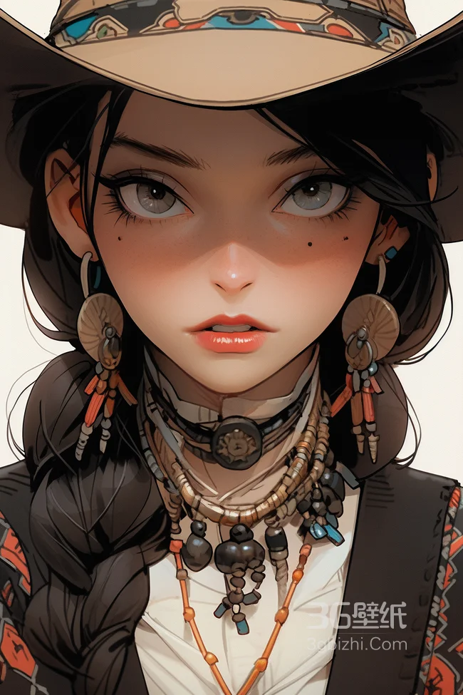 头戴牛仔帽的美系画风的动漫女生、西部牛仔风格动漫少女插画手机壁纸1