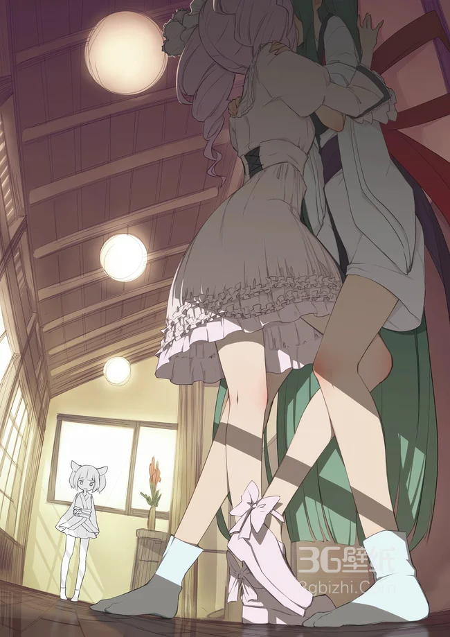 连衣裙少女，两个在走廊上亲吻的二次元动漫少女优美手机壁纸1