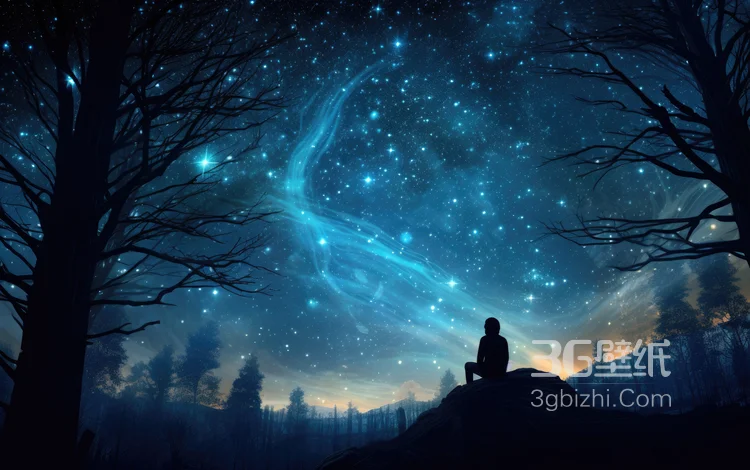 夜景，一棵大树，坐在小山包的人，以及梦幻的星空唯美图片1