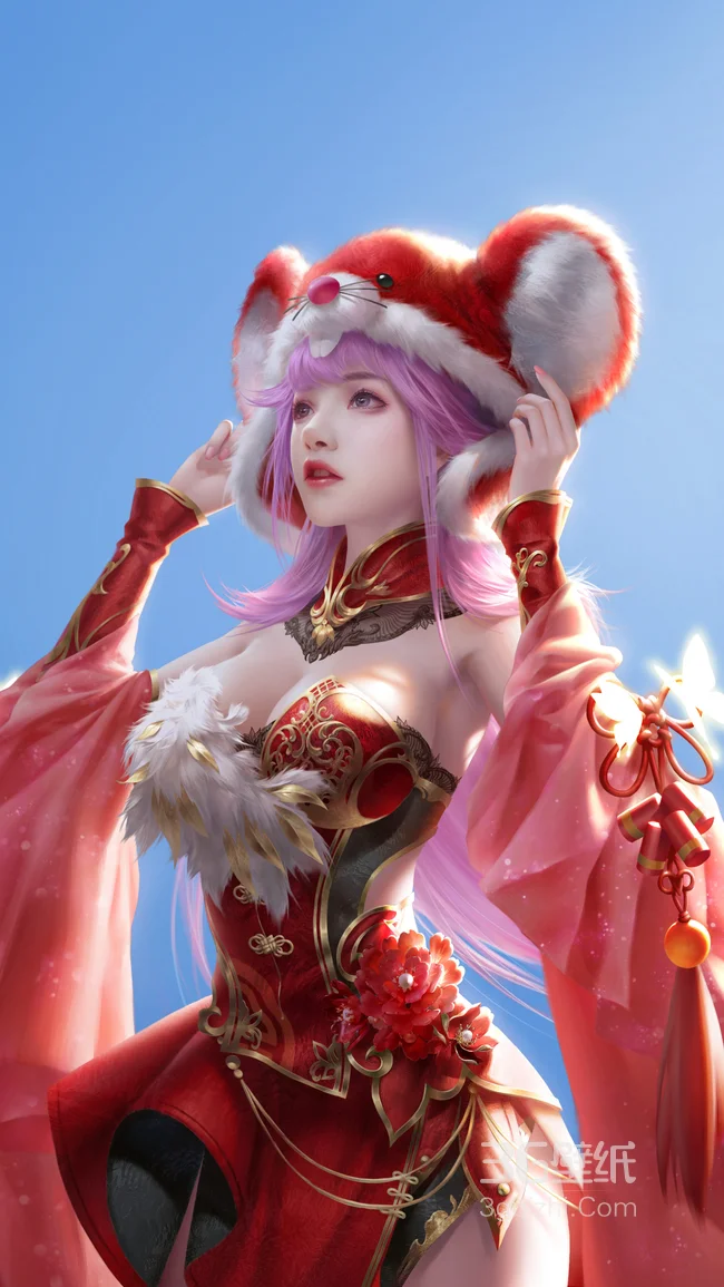 戴着红色卡通猫子的性感动漫大胸红衣少女高清手机壁纸图片1