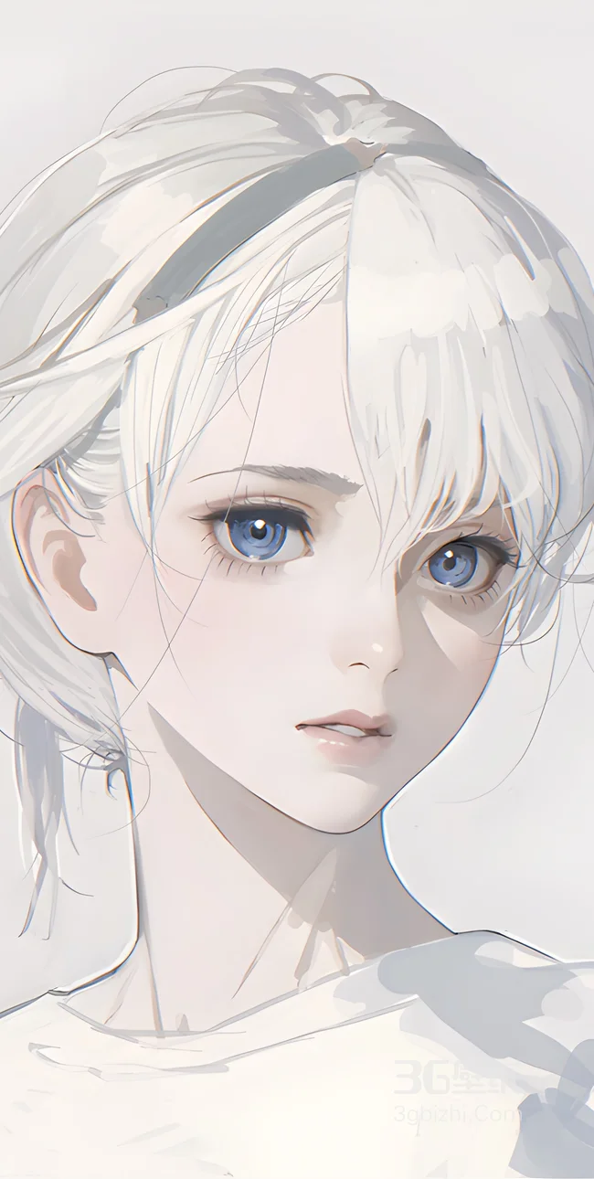 纯白色背景，五官精致的短发蓝眼睛少女好看手绘手机壁纸1