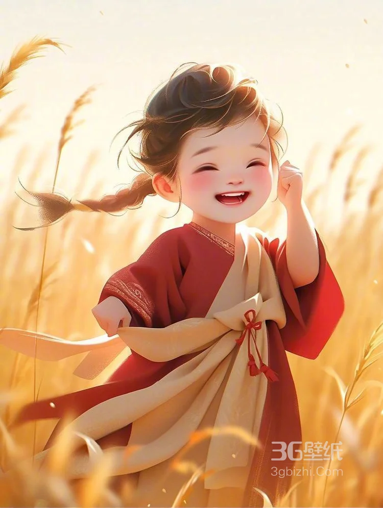 笑的超可爱AI动漫古风小女孩稻田玩耍图片，金色的田野，丰收的季节7