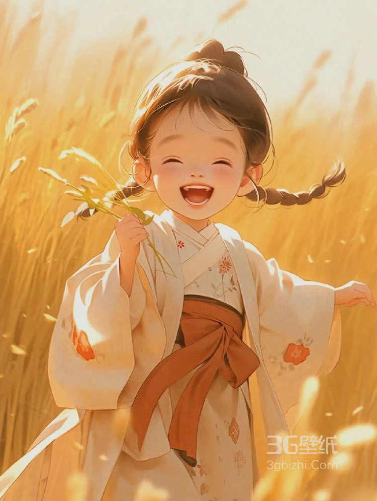 笑的超可爱AI动漫古风小女孩稻田玩耍图片，金色的田野，丰收的季节5