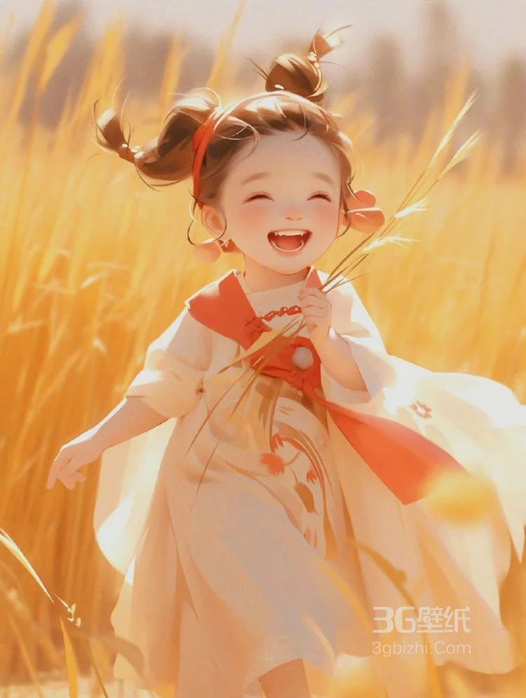 笑的超可爱AI动漫古风小女孩稻田玩耍图片，金色的田野，丰收的季节2