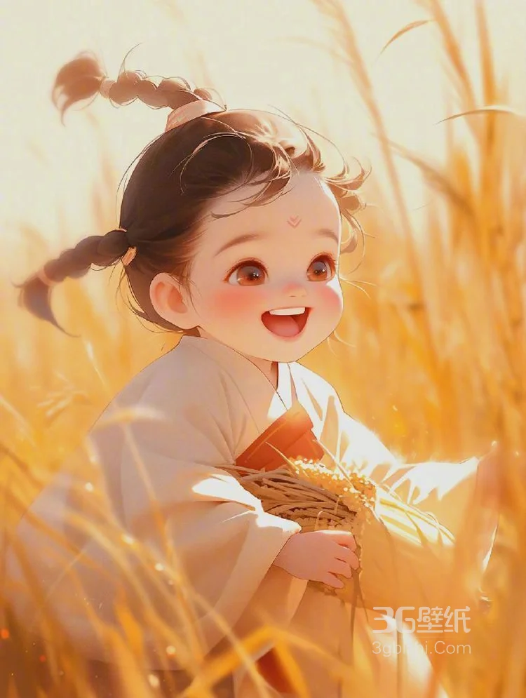 笑的超可爱AI动漫古风小女孩稻田玩耍图片，金色的田野，丰收的季节3
