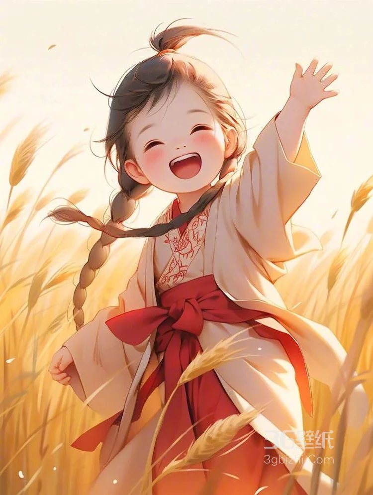 笑的超可爱AI动漫古风小女孩稻田玩耍图片，金色的田野，丰收的季节8