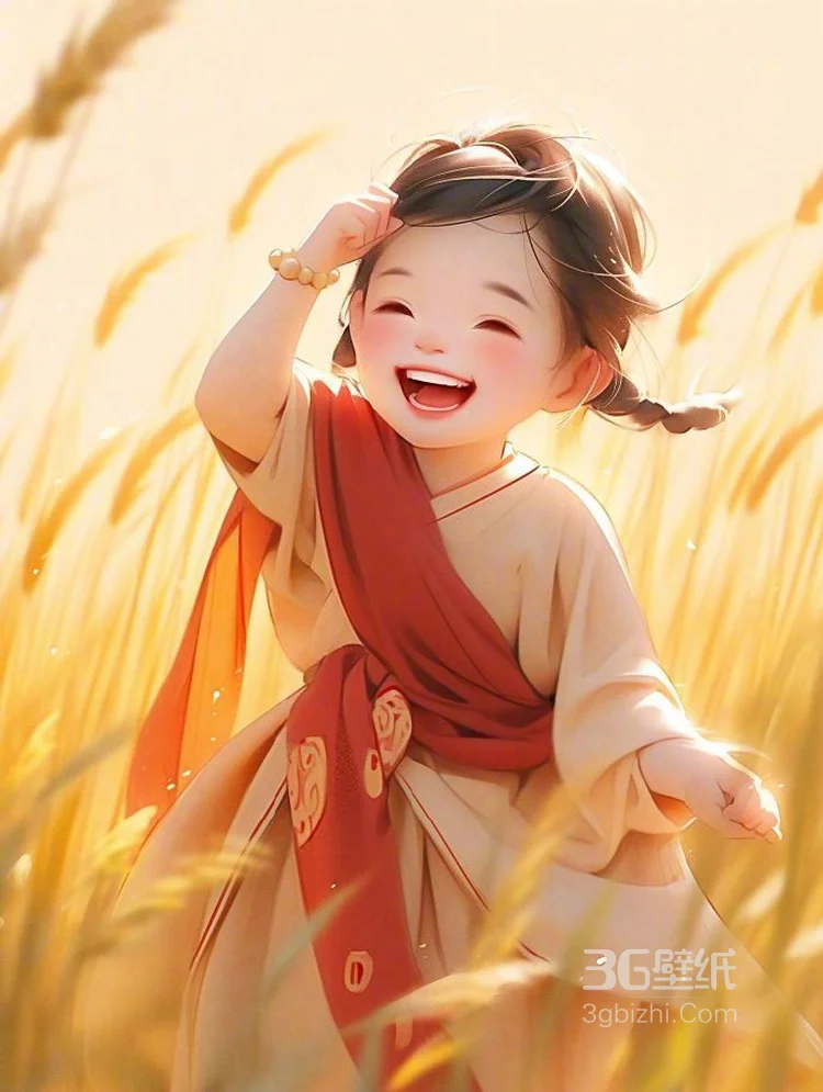 笑的超可爱AI动漫古风小女孩稻田玩耍图片，金色的田野，丰收的季节6