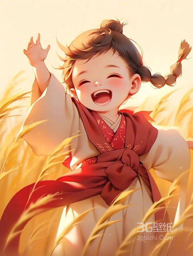 笑的超可爱AI动漫古风小女孩稻田玩耍图片，金色的田野，丰收的季节4