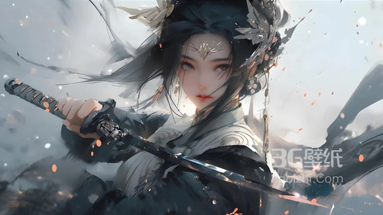 拿着长刀的公主，硝烟战场上，戴着头钗的动漫女生图片1