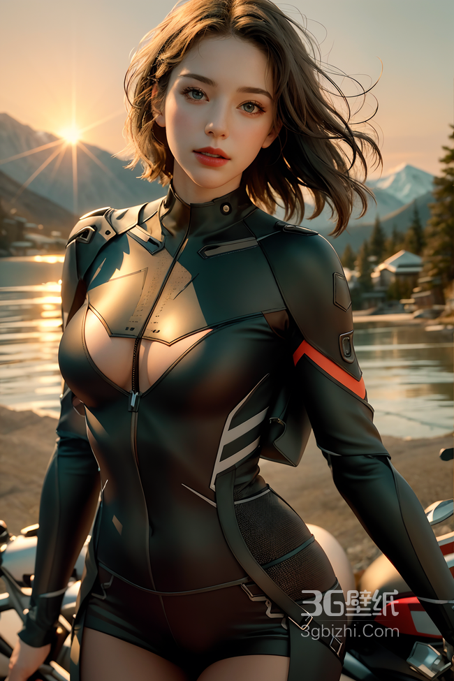 阳光下，小湖边，一袭紧身衣的性感身材AI美女和她的机车摩托车好看手机壁纸1