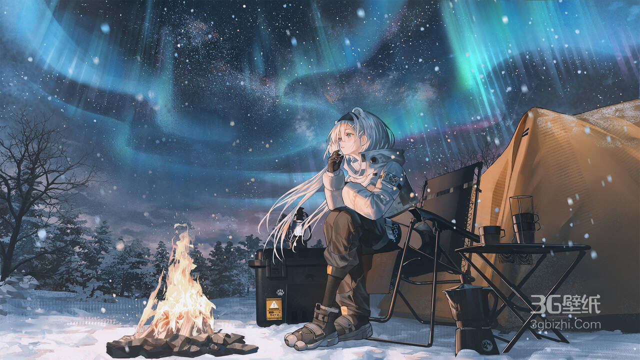 极光星空，下雪天，篝火堆前，坐着小椅子，野外露营的动漫少女美图1
