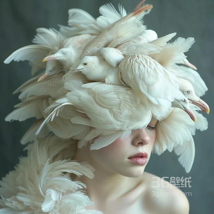 欧美美女与动物超美艺术摄影，闭着眼睛，头上顶着鸽子的西方14147大但人文艺术摄影美图图集3
