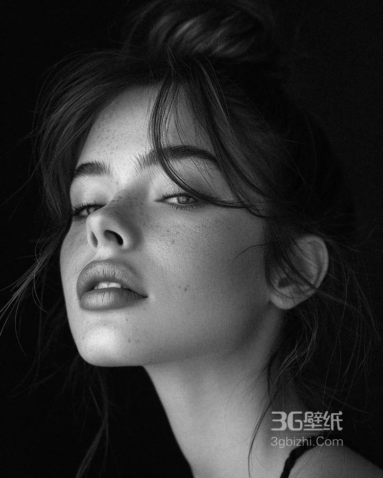 欧美黑白人像艺术摄影美照，脸上有雀斑的欧美红唇美少女超美侧颜肖像艺术写真图片2