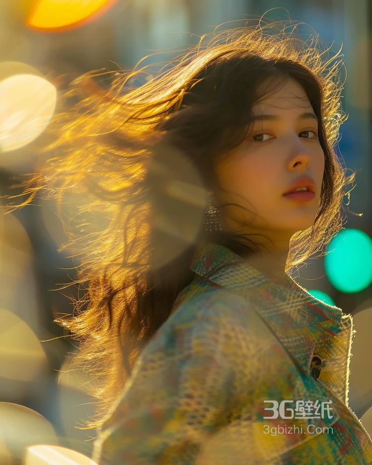 逆光摄影下，穿着格纹外套的漂亮好看美女侧颜街拍肖像摄影美图图集2