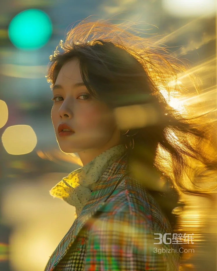 逆光摄影下，穿着格纹外套的漂亮好看美女侧颜街拍肖像摄影美图图集6