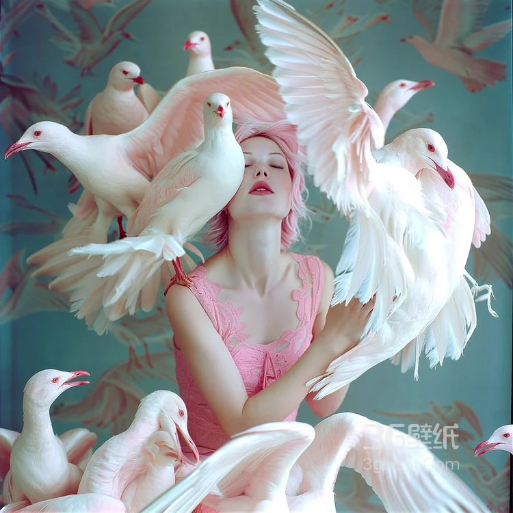 欧美美女与动物超美艺术摄影，闭着眼睛，头上顶着鸽子的西方14147大但人文艺术摄影美图图集8