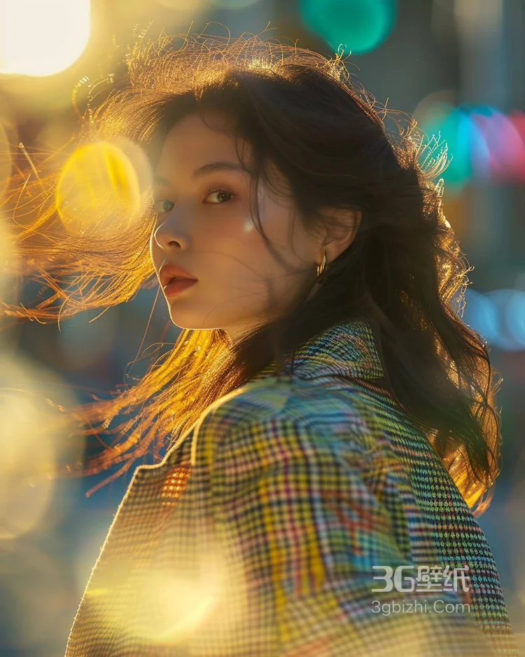 逆光摄影下，穿着格纹外套的漂亮好看美女侧颜街拍肖像摄影美图图集3