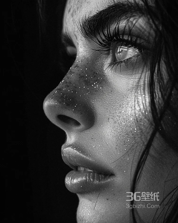 欧美黑白人像艺术摄影美照，脸上有雀斑的欧美红唇美少女超美侧颜肖像艺术写真图片4