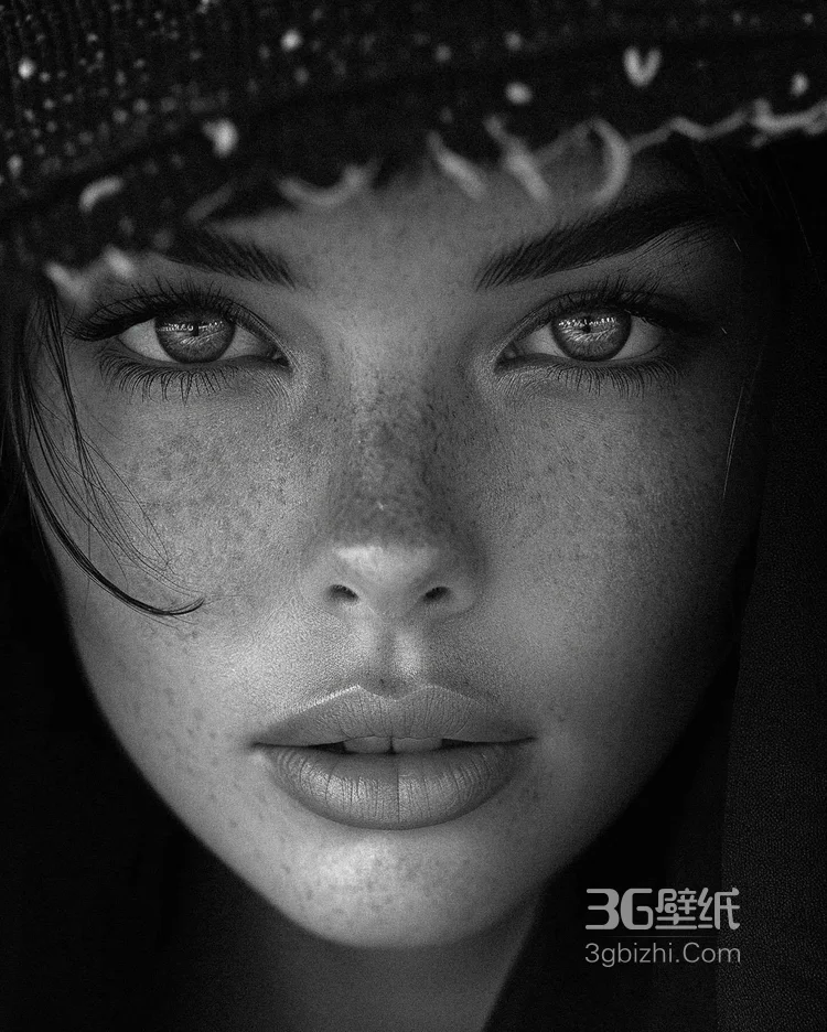 欧美黑白人像艺术摄影美照，脸上有雀斑的欧美红唇美少女超美侧颜肖像艺术写真图片6