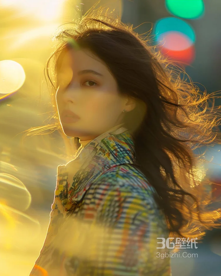 逆光摄影下，穿着格纹外套的漂亮好看美女侧颜街拍肖像摄影美图图集5