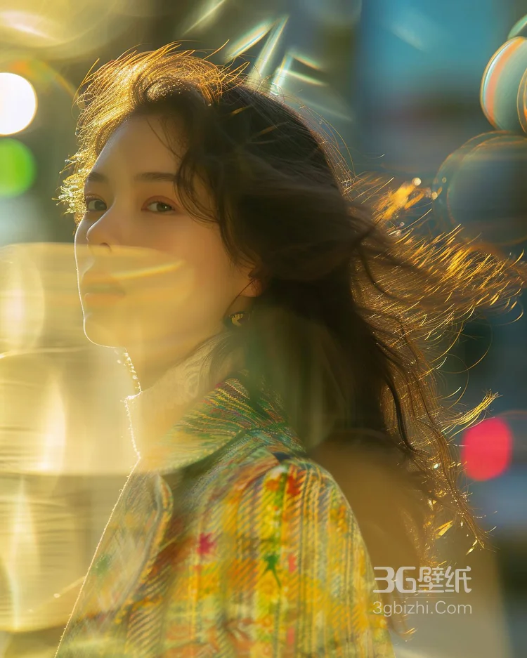 逆光摄影下，穿着格纹外套的漂亮好看美女侧颜街拍肖像摄影美图图集4