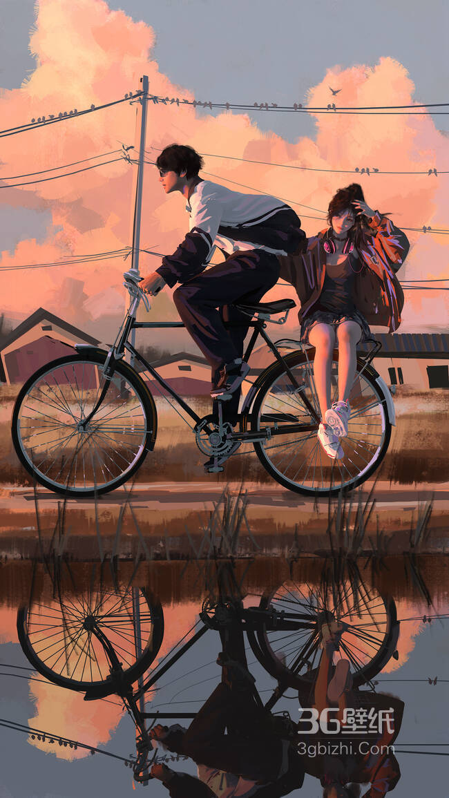 骑着自行车，行驶在乡间田野路上，男生载着女生温馨插画手机壁纸美图1
