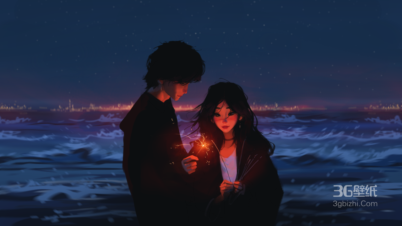 夜晚，海边，点着烟花，充满爱意的，意境很美的一对浪漫情侣唯美插画电脑桌面壁纸图片1